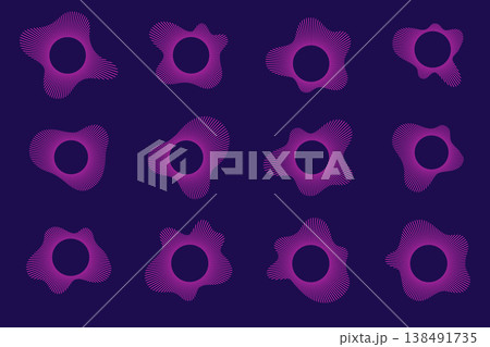 Circular sound wave pattern with radial neon lines creating audio ripple effect. Abstract music soundwave icon with concentric rings and burst design on dark background for modern graphic projects. 138491735