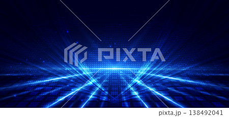 Futuristic Blue Digital World Map With Neon Light Rays and Tech Grid Background. Futuristic Blue Digital World Map With Neon Light Rays and Tech Grid Background. 138492041