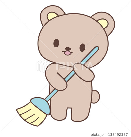 ホウキを持って掃除するかわいいクマさんのイラスト(くすみカラー・手描き風・PNG・背景透過) ホウキを持って掃除するかわいいクマさんのイラスト(くすみカラー・手描き風・PNG・背景透過) 138492387