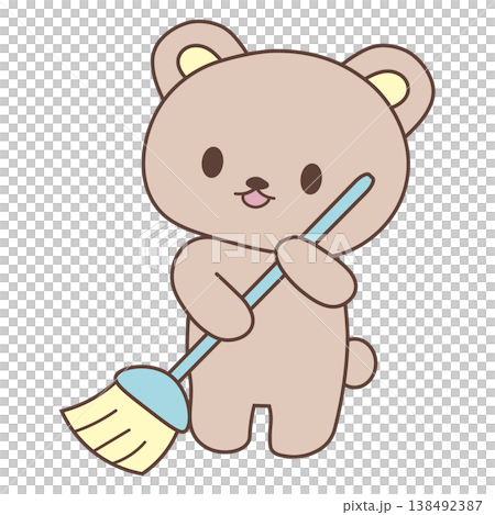 ホウキを持って掃除するかわいいクマさんのイラスト(くすみカラー・手描き風・PNG・背景透過) ホウキを持って掃除するかわいいクマさんのイラスト(くすみカラー・手描き風・PNG・背景透過) 138492387