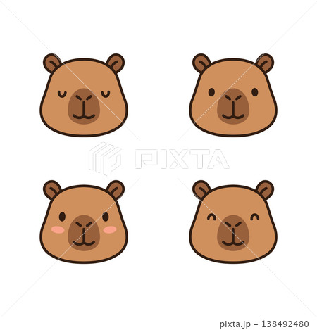 Set of four cute cartoon capybara faces with different expressions showing happy sleepy blushing emotions in brown color illustration Set of four cute cartoon capybara faces with different expressions showing happy sleepy blushing emotions in brown color illustration 138492480