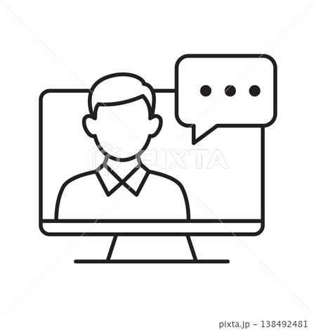 Online video chat icon showing desktop monitor with person and speech bubble representing digital communication streaming and virtual conversation 138492481