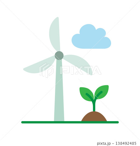 Wind turbine icon with green plant sprout and blue cloud representing renewable energy sustainability and environmental protection concept 138492485