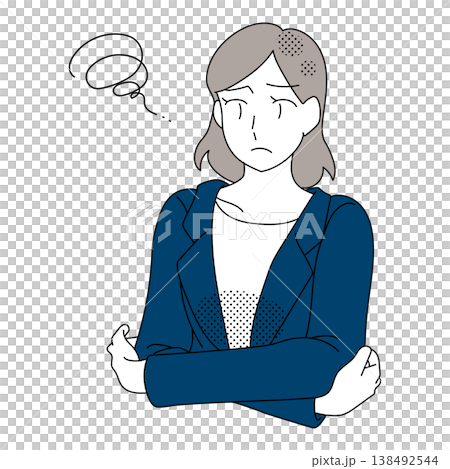 一幅描繪女商人思考時雙臂交叉的插圖。 138492544