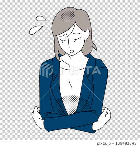 一幅插畫描繪了一位女商人雙臂交叉，嘆著氣的形象。 138492545