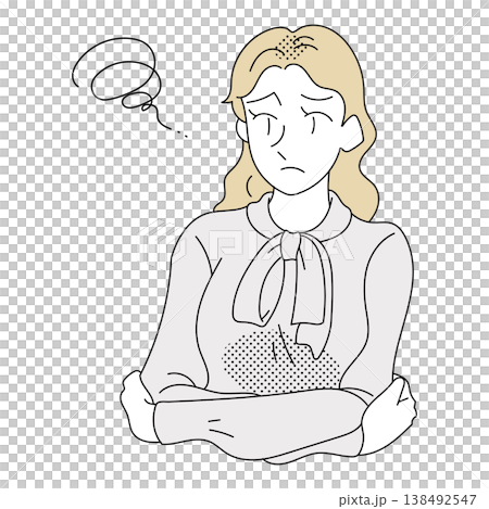 一幅插圖，描繪了一位金髮女商人雙手抱胸，正在思考。 138492547