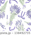 Lavender flowers bouquet and bows seamless pattern. Hand drawn vector illustration. 138492735