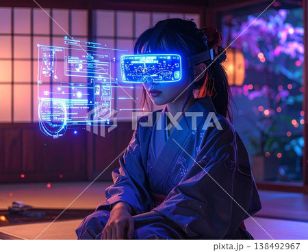 和室でVRゴーグルを装着しホログラムを操作する着物姿の女性 138492967