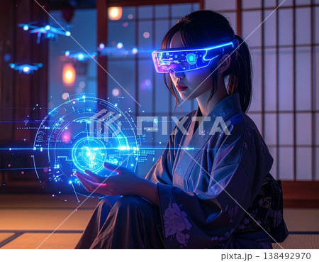 和室でVRゴーグルを装着しホログラムを操作する着物姿の女性 138492970