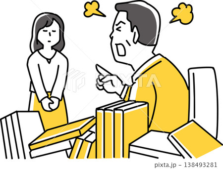 机の上を散らかした男性に叱られる女性 机の上を散らかした男性に叱られる女性 138493281