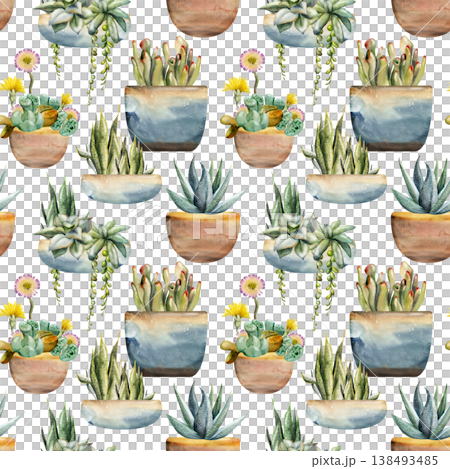 Succulent rosettes, trailing vines, lithops flowers in clay planters. Layered foliage, repeating flow. Isolated illustration hand drawn in watercolor. Seamless pattern for notebooks, wrapping paper 138493485