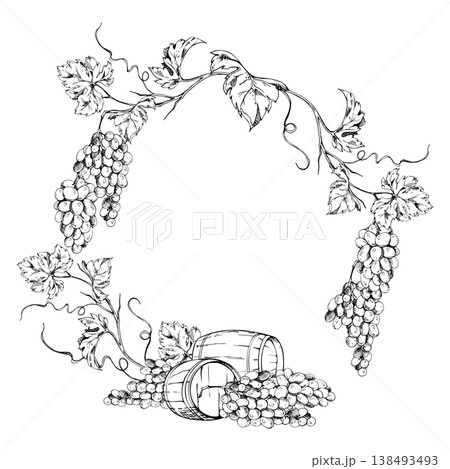 Arched grapevine with ripe berry bunches, leaves and new creepers over wine barrel kegs for storage. Wreath frame vector illustration hand drawn in ink. Wine tasting notebooks, festivals, stationery 138493493