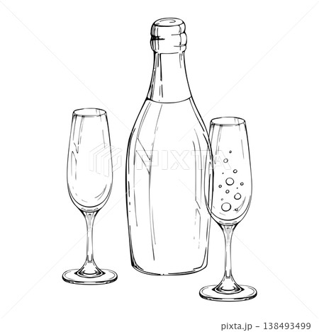 Bottle of sparkling wine, flute glasses with bubbles of fizzy wine hand drawn in ink linework. Isolated vector illustration. Vineyard marketing, wine packaging, menu design, birthday or anniversary. Bottle of sparkling wine, flute glasses with bubbles of fizzy wine hand drawn in ink linework. Isolated vector illustration. Vineyard marketing, wine packaging, menu design, birthday or anniversary. 138493499