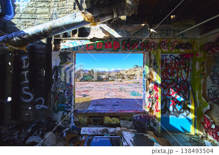 Abandoned Graffiti Covered Interior and Deserted Water Park Ruins California Abandoned Graffiti Covered Interior and Deserted Water Park Ruins California 138493504
