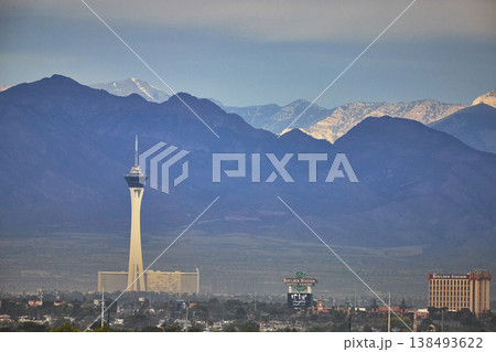 Stratosphere Tower Las Vegas Strip Skyline with Mt Charleston Mountain Backdrop Stratosphere Tower Las Vegas Strip Skyline with Mt Charleston Mountain Backdrop 138493622