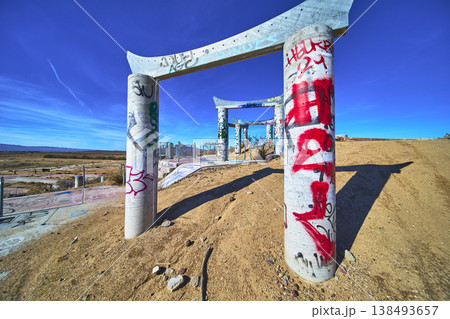 Graffiti Covered Concrete Pillars at Abandoned Lake Dolores Water Park in California Graffiti Covered Concrete Pillars at Abandoned Lake Dolores Water Park in California 138493657