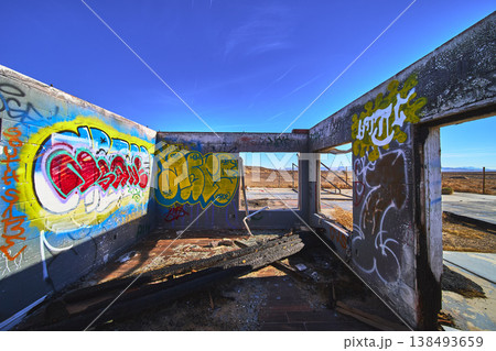 Abandoned Graffiti Covered Building Interior at Lake Dolores Water Park California 138493659