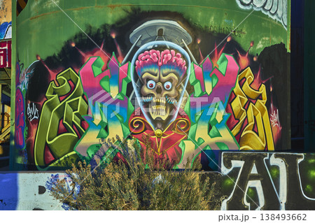 Graffiti Alien Art on Abandoned Goldome Mill Structure in California Desert Graffiti Alien Art on Abandoned Goldome Mill Structure in California Desert 138493662