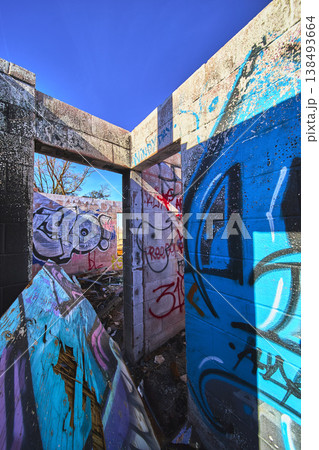Abandoned Graffiti Covered Building Interior with Bright Blue Sky in California 138493664