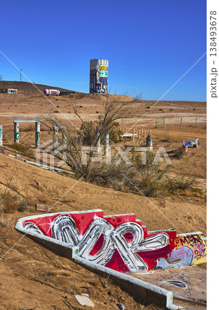 Abandoned Water Park Graffiti Desert Landscape and Ruins California Abandoned Water Park Graffiti Desert Landscape and Ruins California 138493678