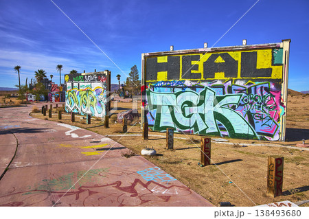 Abandoned Graffiti Covered Billboards and Concrete at Lake Dolores Water Park California Abandoned Graffiti Covered Billboards and Concrete at Lake Dolores Water Park California 138493680
