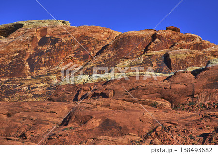 Red Sandstone Rock Formations Under Blue Sky in Rugged Desert Landscape Red Sandstone Rock Formations Under Blue Sky in Rugged Desert Landscape 138493682