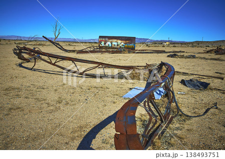 Abandoned Water Park Rusted Structures and Graffiti in Desert California 138493751