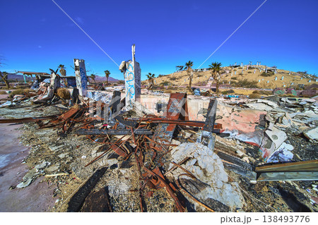 Abandoned Lake Dolores Water Park Graffiti Ruins and Palm Trees in California Desert 138493776