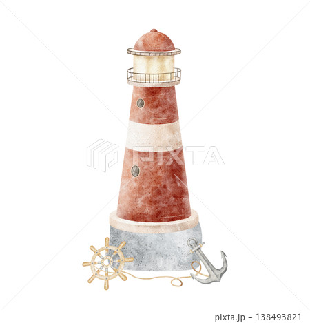 Lighthouse red on stone, anchor, wheel steering, rope. Hand-drawn watercolor illustration in a children's nautical style, isolated from background for card designs, nursery posters, party invitations Lighthouse red on stone, anchor, wheel steering, rope. Hand-drawn watercolor illustration in a children's nautical style, isolated from background for card designs, nursery posters, party invitations 138493821