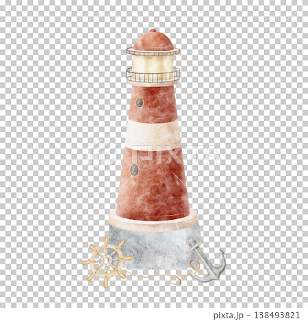 Lighthouse red on stone, anchor, wheel steering, rope. Hand-drawn watercolor illustration in a children's nautical style, isolated from background for card designs, nursery posters, party invitations Lighthouse red on stone, anchor, wheel steering, rope. Hand-drawn watercolor illustration in a children's nautical style, isolated from background for card designs, nursery posters, party invitations 138493821