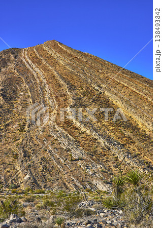 Desert Mountain Striations with Blue Sky and Yucca Plants in Nevada Landscape Desert Mountain Striations with Blue Sky and Yucca Plants in Nevada Landscape 138493842