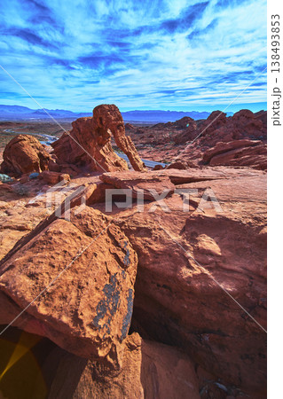 Elephant Rock Red Sandstone Formations and Blue Sky in Valley of Fire Nevada 138493853