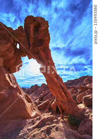 Elephant Rock Sunburst and Vibrant Sky in Valley of Fire Nevada 138493860