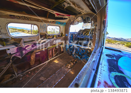 Abandoned Airplane Interior With Colorful Graffiti In Desert Beatty Nevada 138493871