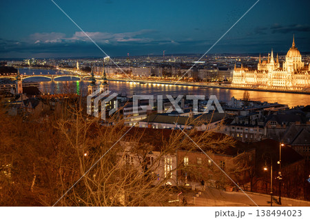 Panorama with building of Hungarian parliament at Danube river in Budapest city, Hungary Panorama with building of Hungarian parliament at Danube river in Budapest city, Hungary 138494023