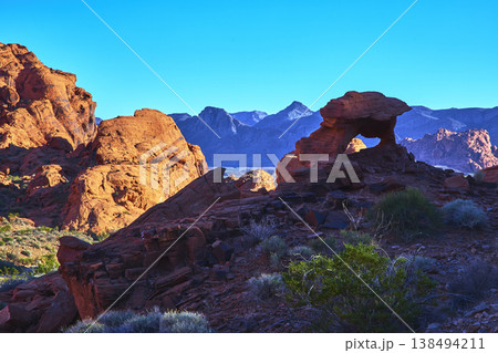 Rock Arch and Red Sandstone Formations in Valley of Fire Nevada Desert Landscape 138494211