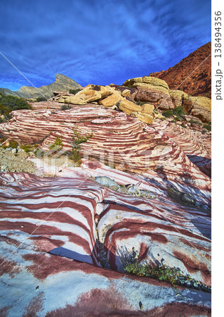 Striped Sandstone Formations Under Blue Sky Red Rock Canyon Landscape Striped Sandstone Formations Under Blue Sky Red Rock Canyon Landscape 138494356