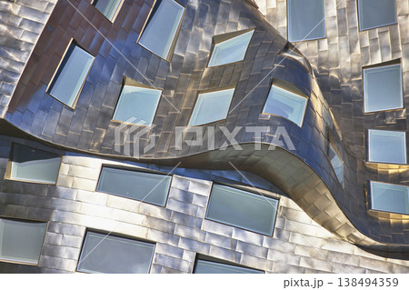 Modern Curved Metal Facade With Geometric Windows Las Vegas Architecture 138494359