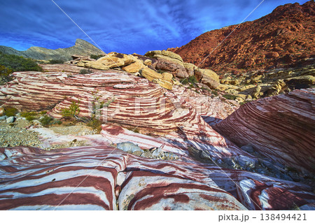 Striped Sandstone Formations and Desert Landscape Red Rock Canyon Nevada Striped Sandstone Formations and Desert Landscape Red Rock Canyon Nevada 138494421