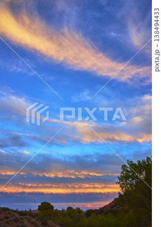 Colorful Desert Sunset Sky with Dramatic Clouds and Silhouetted Trees Colorful Desert Sunset Sky with Dramatic Clouds and Silhouetted Trees 138494433