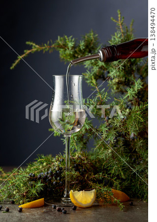 Gin is poured from a vintage bottle into a glass. Gin is poured from a vintage bottle into a glass. 138494470