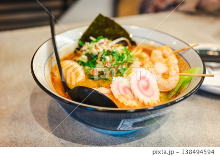 Japanese ramen soup with shrimps, egg, chives and sprout 138494594