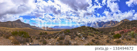 Panorama Red Rock Canyon Mountains Dramatic Sky and Desert Vegetation Panorama Red Rock Canyon Mountains Dramatic Sky and Desert Vegetation 138494672