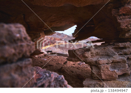 Rock Formations Natural Hole and Desert Landscape Close Up Perspective 138494947