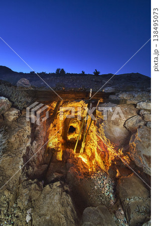 Abandoned Lincoln Mine Entrance Illuminated at Twilight in Nevada Desert Abandoned Lincoln Mine Entrance Illuminated at Twilight in Nevada Desert 138495073