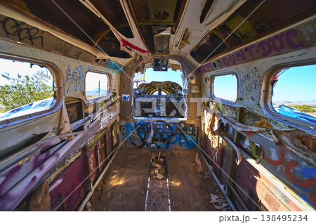 Abandoned Airplane Interior With Graffiti In Desert Sunlight Nevada 138495234