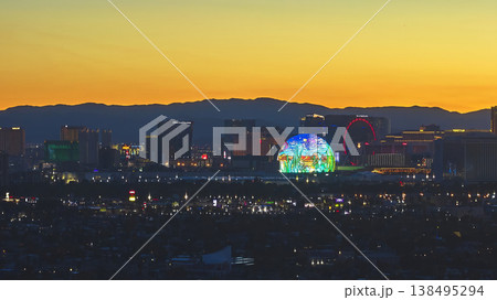 Aerial Las Vegas Strip Downtown Sphere and High Roller at Golden Hour Aerial Las Vegas Strip Downtown Sphere and High Roller at Golden Hour 138495294