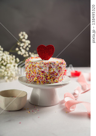 Valentine's Day, Love, festive cake with red heart and gypsophila flowers 138495320