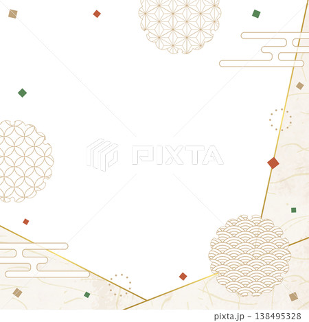 和風のデザインフレーム、和紙、紙吹雪、和柄のデコレーション、背景、正方形サイズ 138495328