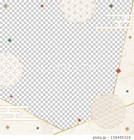 和風のデザインフレーム、和紙、紙吹雪、和柄のデコレーション、背景、正方形サイズ 138495328